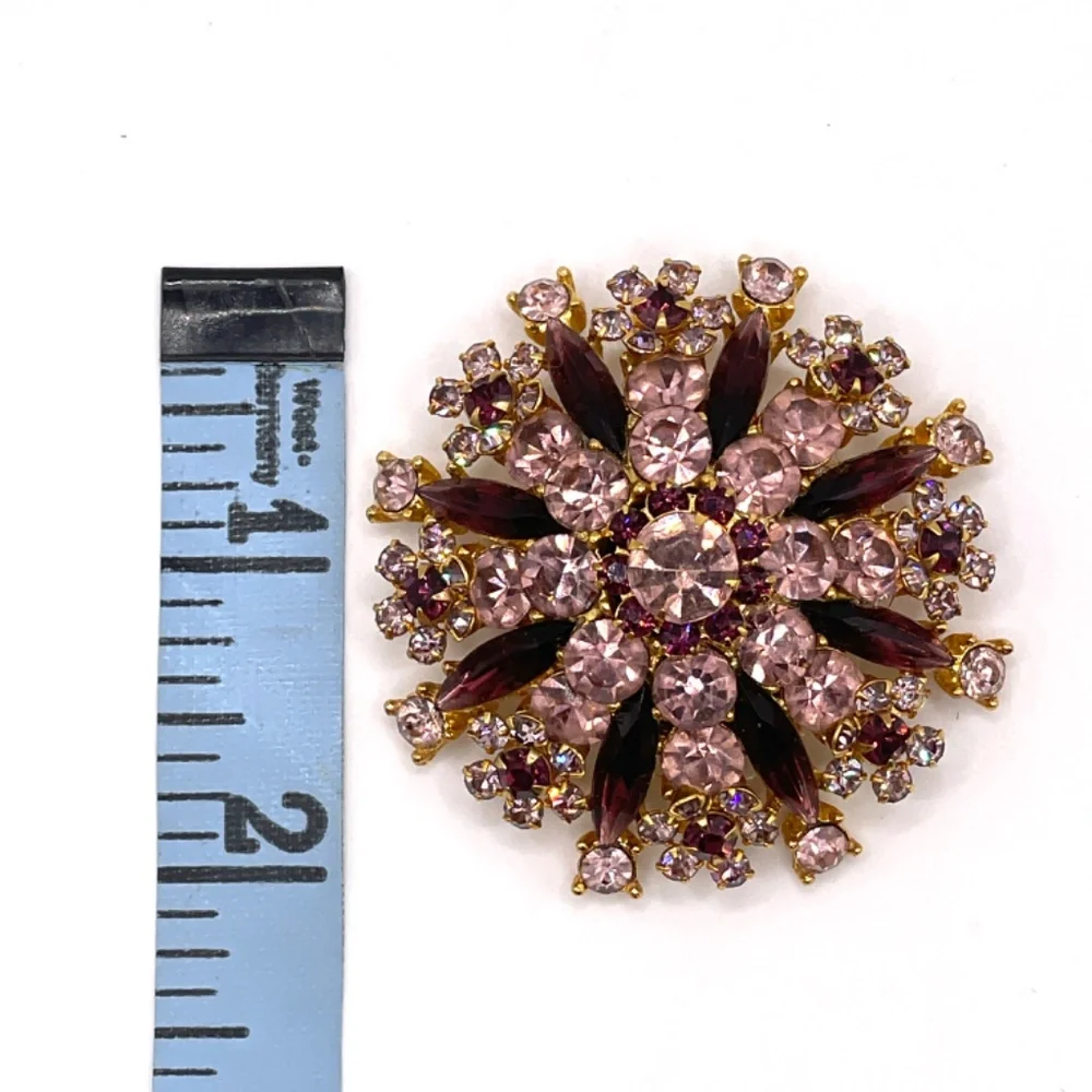 Vintage Pale Pink Deep Purple Rhinestone Sunburst Pin Brooch